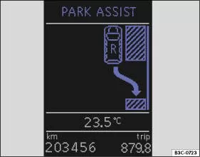 Abb. 34 Display des Kombi-Instruments: Parklücke erkannt, Rückwärtsgang einlegen.